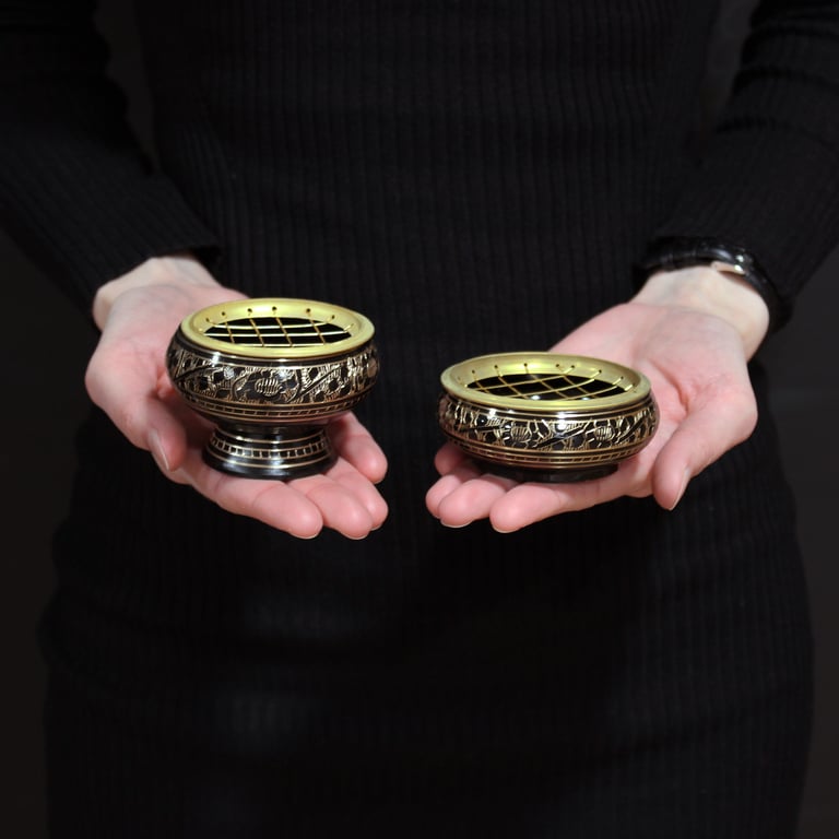 Brass Carved Charcoal Incense Holder with Storage Jar