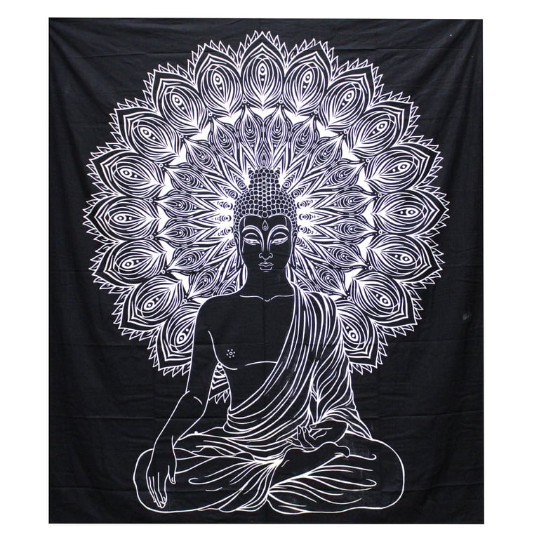 Double Cotton Bedspread & Wall Hanging - Buddha Design - B&W Collection