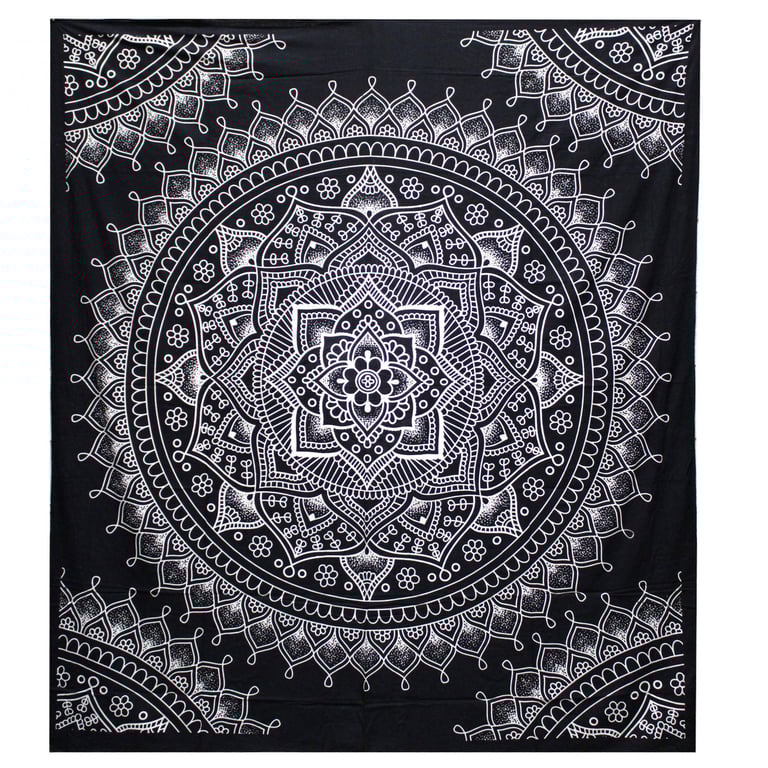 Cotton Double Bedspread & Wall Hanging - Lotus Flower Design - B&W Collection
