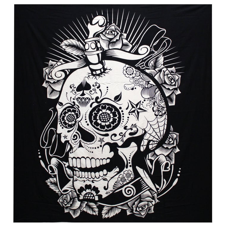 Double Cotton Bedspread & Wall Hanging (Rose Skull) - B&W Edition