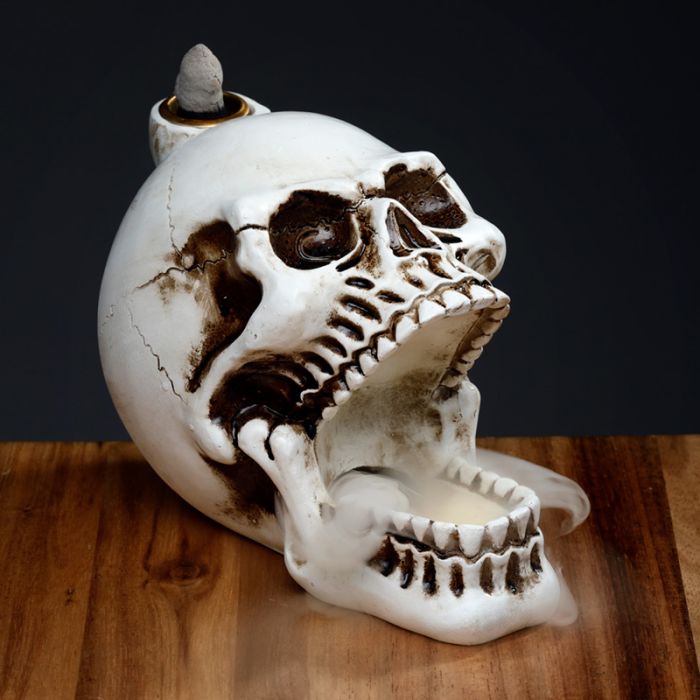 Skull Open Mouth Backflow Incense Burner with Votive Holder and Dispenser