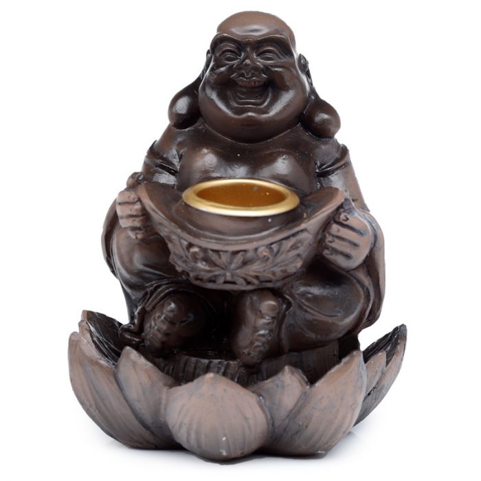 Wood Effect Lucky Buddha Backflow Incense Burner - Handcrafted Wooden Incense Holder for Meditation and Relaxation
