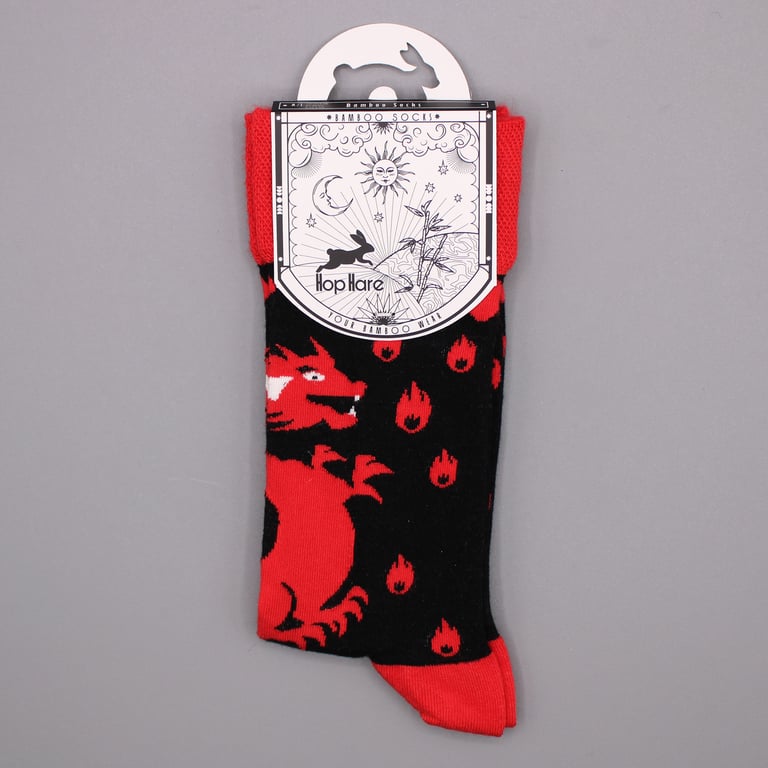 Bamboo Fiber Dragon Print Socks - Red Dragons Design, Medium/Large Size, Hop Hare Brand.
