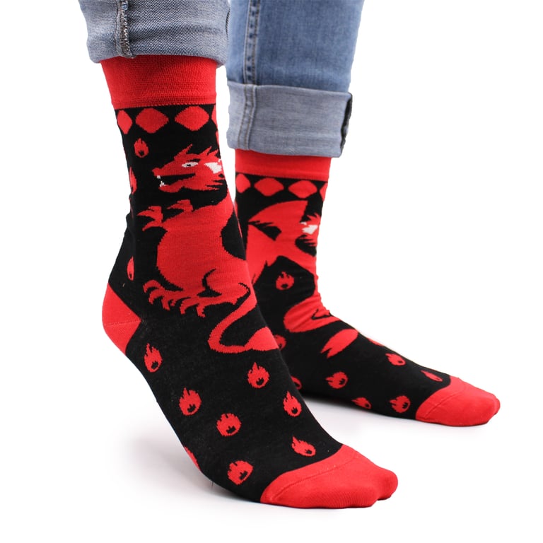 Bamboo Fiber Dragon Print Socks - Red Dragons Design, Medium/Large Size, Hop Hare Brand.