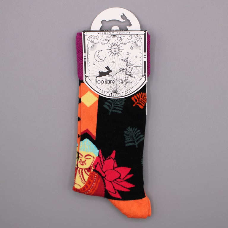 Hop Hare Bamboo Socks - Natural Fiber Pink Buddha & Lotus Design, Small/Medium Size
