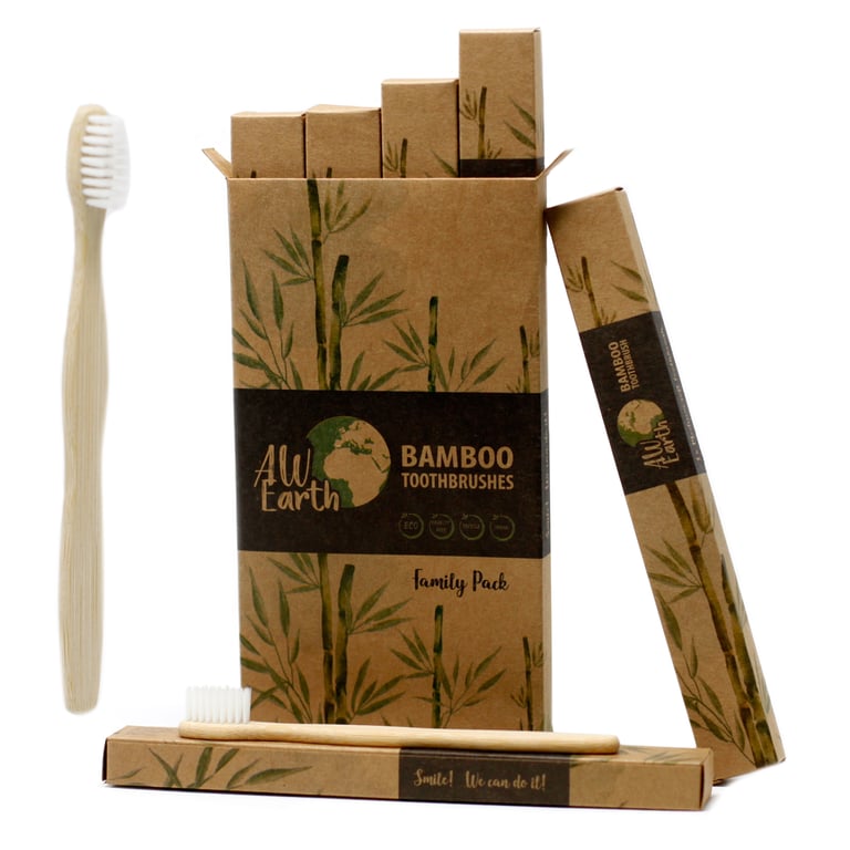 White Bamboo Toothbrush - Family Pack of 4 - Eco Friendly Soft Bristle Toothbrush Set
