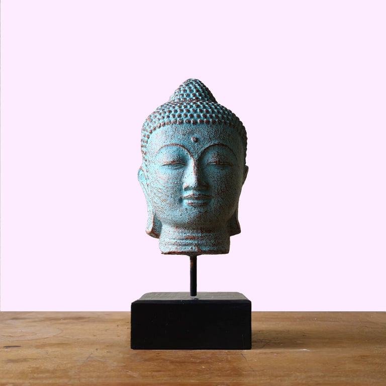 Green Copper Buddha Head Statue on Stand - Meditative Decor