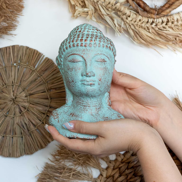 Green Copper Buddha Head Statue - Tranquility Symbol, Zen Decor