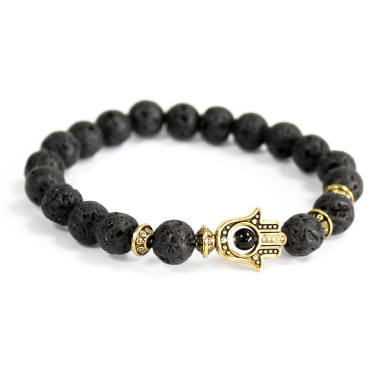 Gold Hamsa Lava Stone Gemstone Bracelet - Protection and Prosperity Jewelry