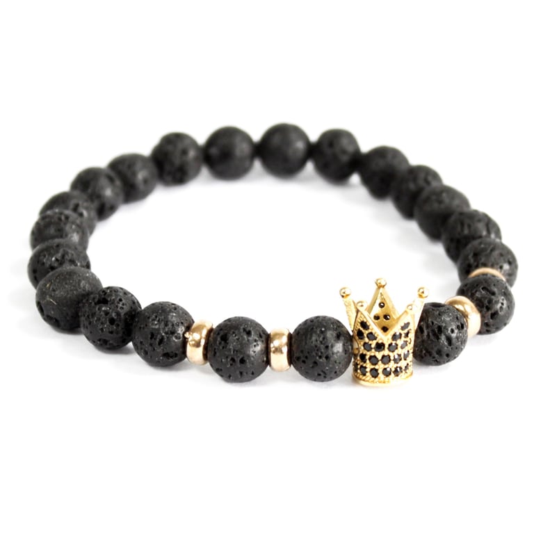 Gold Crown Lava Stone Gemstone Bracelet - Natural Stones in 14K Gold Pave Setting