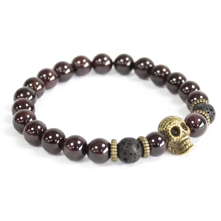 Bronze Skull and Blood Stone Gemstone Crystal Bracelet