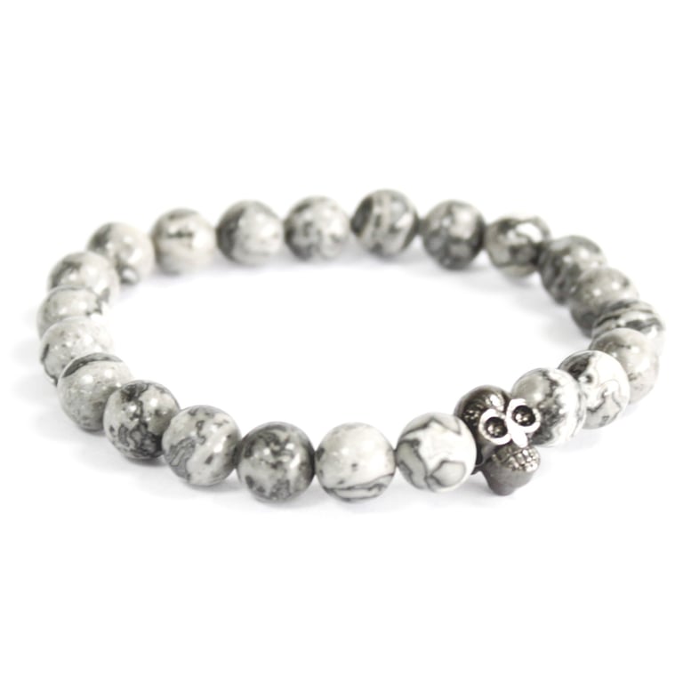 Pewter Skull Grey Agate Gemstone Vintage Style Bracelet