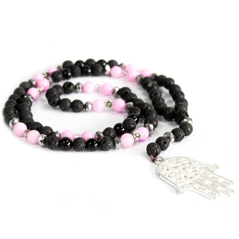 Gemstone Hamsa Necklace - Pink and Black Accent Pendant
