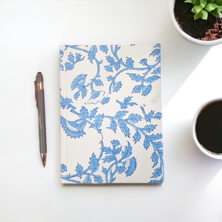Cotton Bound Notebooks - 20x15cm, 96 Page Pale Blue Floral Journal