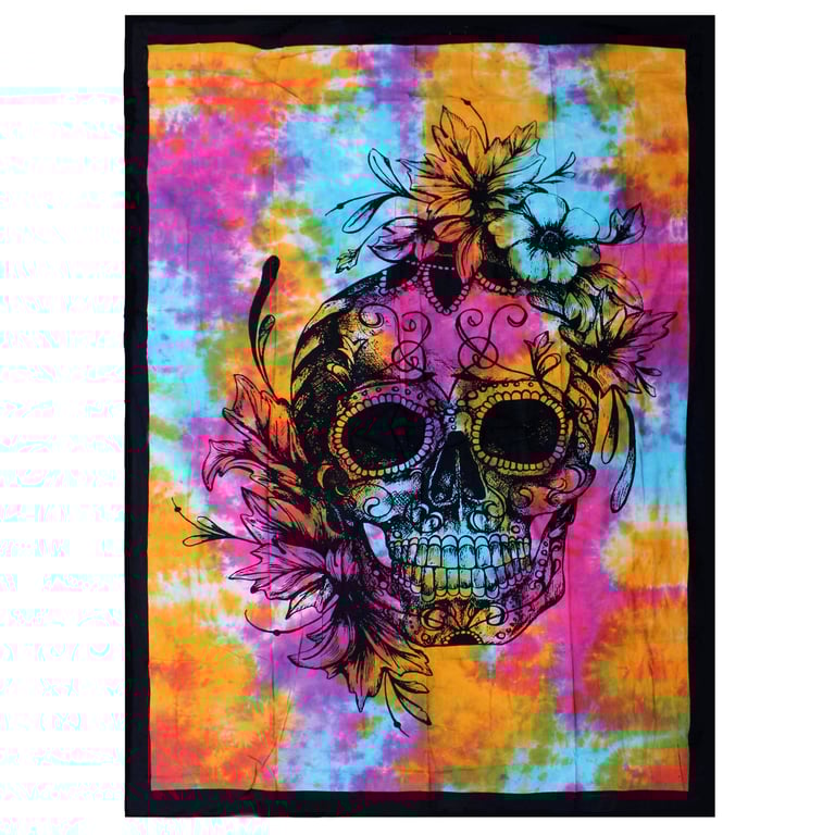 Cotton Bedspread and Wall Hanging Set - Day of Dead Sugar Skull Home Decor