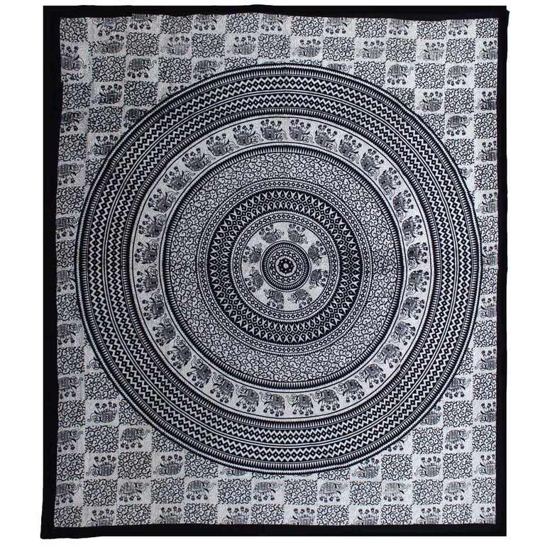 Cotton Bedspread & Wall Hanging - Mono Elephant Mandala Design