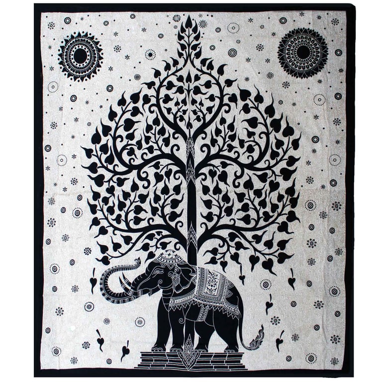 Cotton Bedspread & Wall Hanging (Dual Function) - Mono Design - Elephant Tree