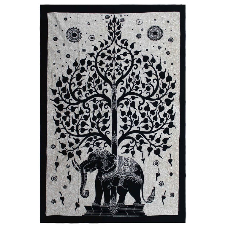 Cotton Bedspread and Wall Hanging Set - Mono Elephant Tree Design - Home Decor Bedding Set