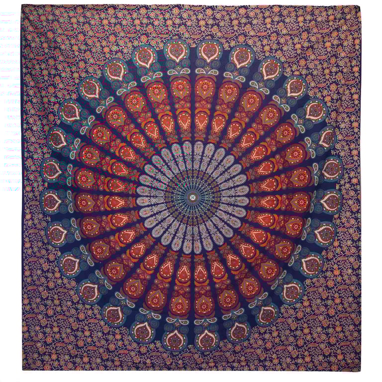 Cotton Bedspread & Wall Hanging (Peacock Mandala Design) - Blue - Premium Quality