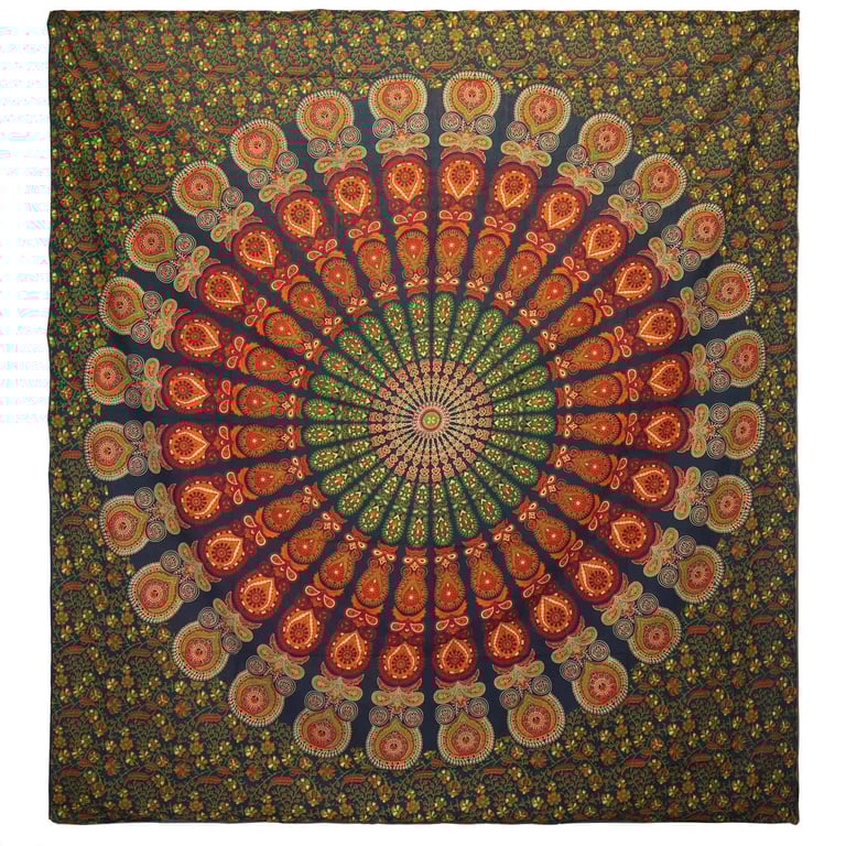 Green Peacock Mandala Double Cotton Bedspread & Wall Hanging