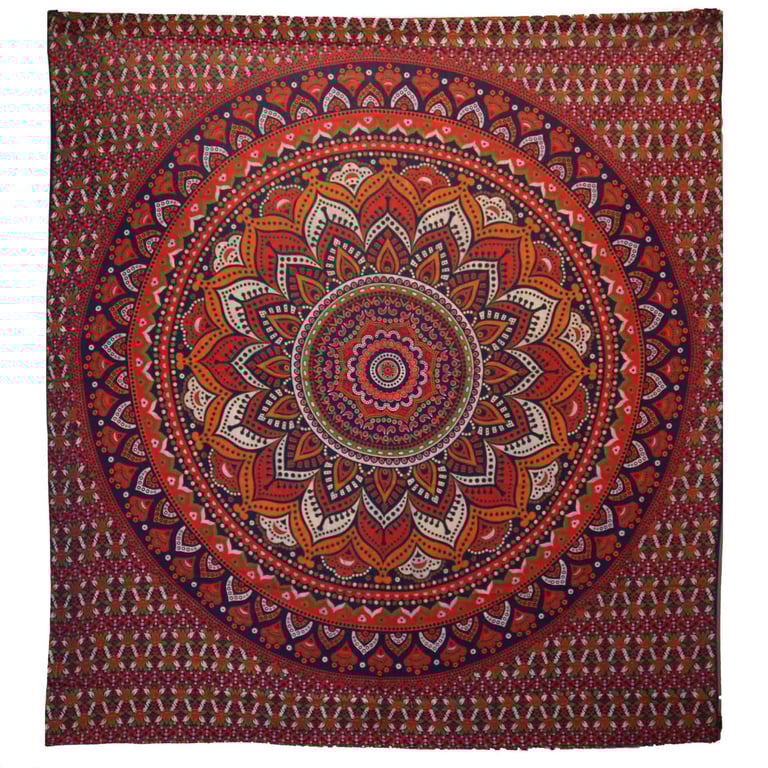 Double Cotton Mandala Bedspread & Wall Hanging - Classic Orange/Blue Design