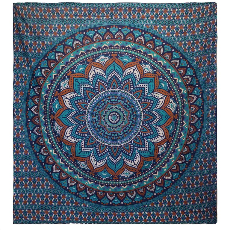 Turquoise Mandala Double Cotton Bedspread & Wall Hanging - Classic Design