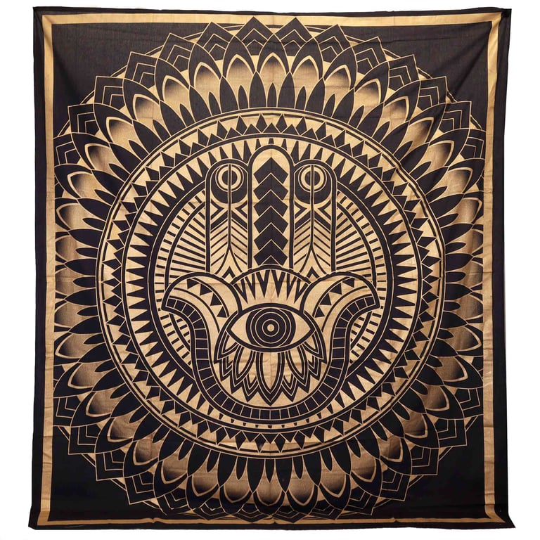 Double Cotton Bedspread & Wall Hanging (Hamsa Design) - Black Gold
