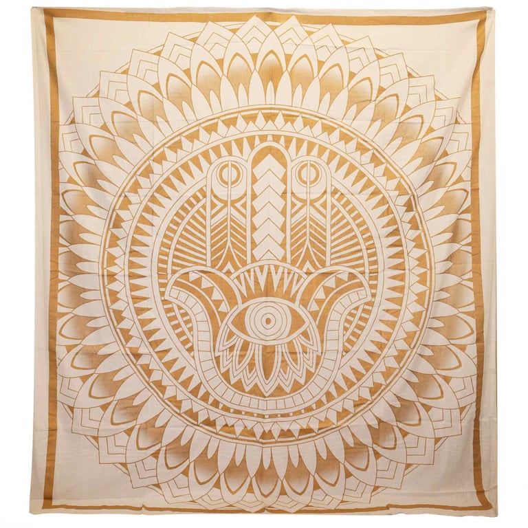 Double Cotton Wall Hanging Bedspread (Hamsa Design) - White Gold