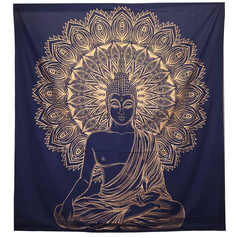 Blue Gold Double Cotton Bedspread & Wall Hanging (Buddha Design)