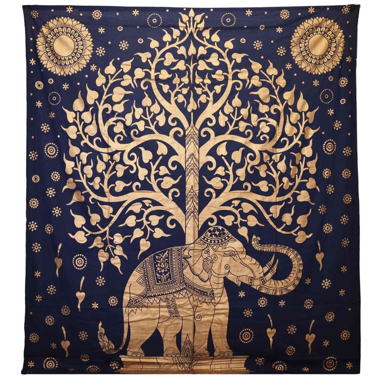 Blue Gold Double Cotton Bedspread & Wall Hanging (Elephant & Tree Design)