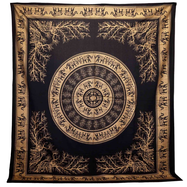 Black Gold Double Cotton Bedspread & Wall Hanging (Elephant Jungle Design)