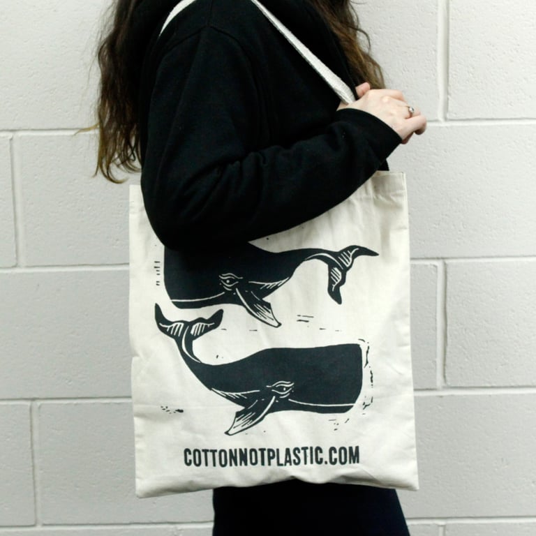 Lrg Natural 6oz Cotton Bag - Whale Print Reusable Home Organization Bag