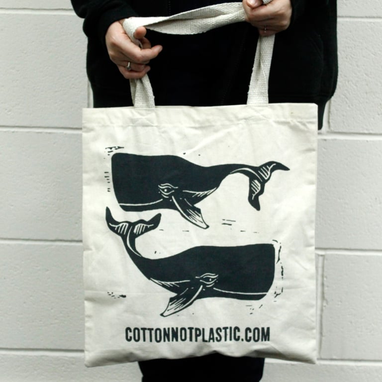 Lrg Natural 6oz Cotton Bag - Whale Print Reusable Home Organization Bag