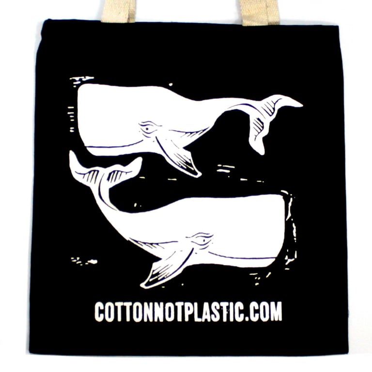 Large Black 8oz Cotton Whale Print Bag - Reusable Home Organizing Shopping Tote