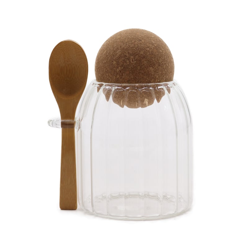 Sm Cottage Bamboo Glass Jar - Ribbed & Spoon 10cm Home Decor Storage Container