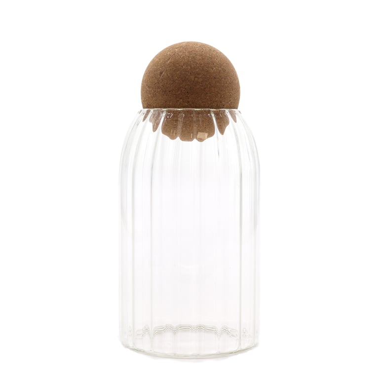 Cottage Cork-Ball Ribbed Glass Jar 15cm - Vintage Style English Storage Container