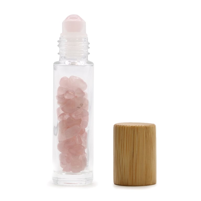 Rose Quartz Gemstone Essential Oil Roller Bottle - Wooden Cap