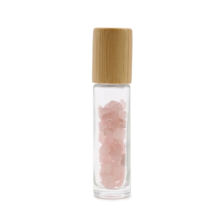 Rose Quartz Gemstone Essential Oil Roller Bottle - Wooden Cap