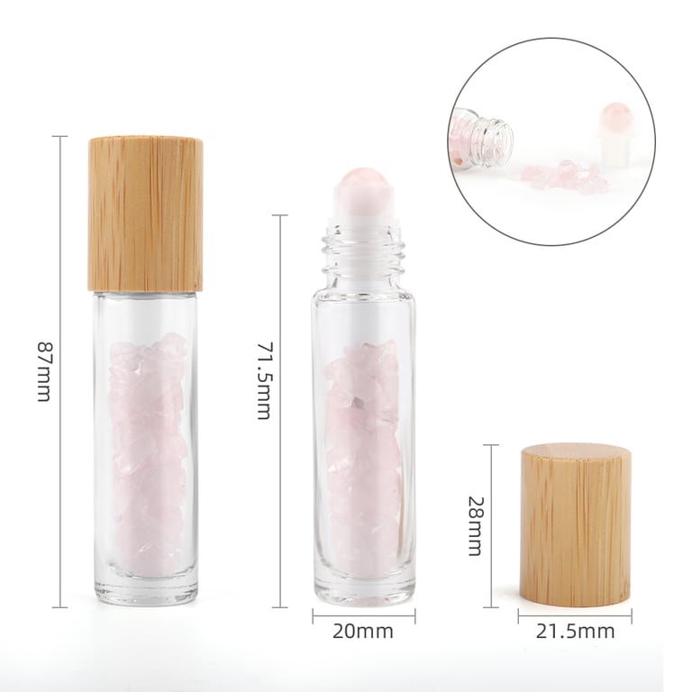 Rose Quartz Gemstone Essential Oil Roller Bottle - Wooden Cap