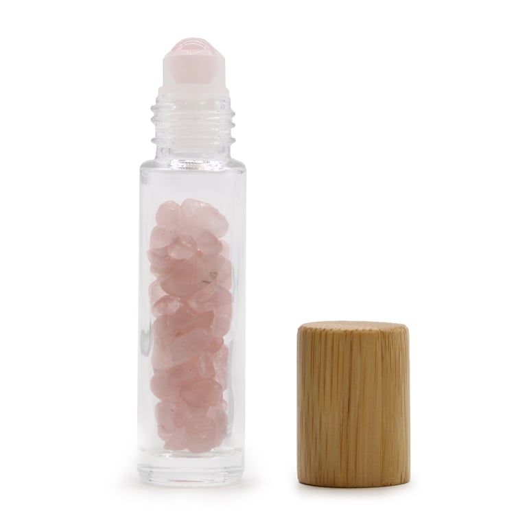 Rose Quartz Gemstone Essential Oil Roller Bottle - Wooden Cap