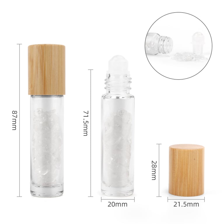 Rock Quartz Gemstone Essential Oil Roller Bottle with Wooden Cap - Natural Aromatherapy Stone Oil