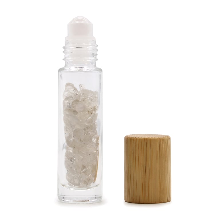 Rock Quartz Gemstone Essential Oil Roller Bottle with Wooden Cap - Natural Aromatherapy Stone Oil