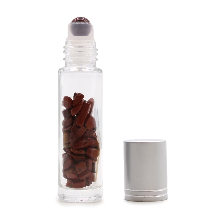 Red Jasper Gemstone Essential Oil Roller Bottle - Natural Home Aromatherapy with Silver Cap
