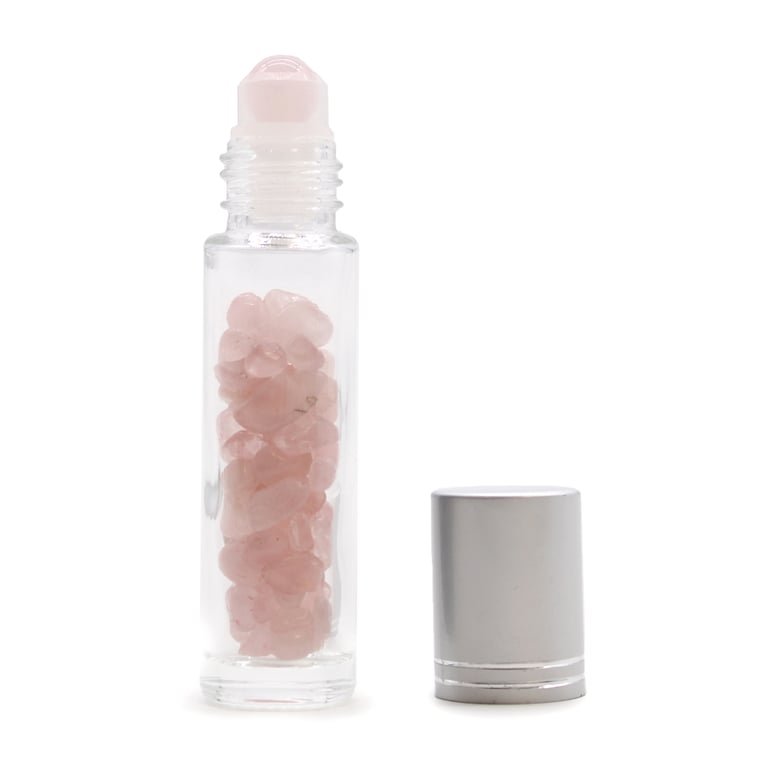 Rose Quartz Gemstone Essential Oil Roller Bottle with Silver Cap