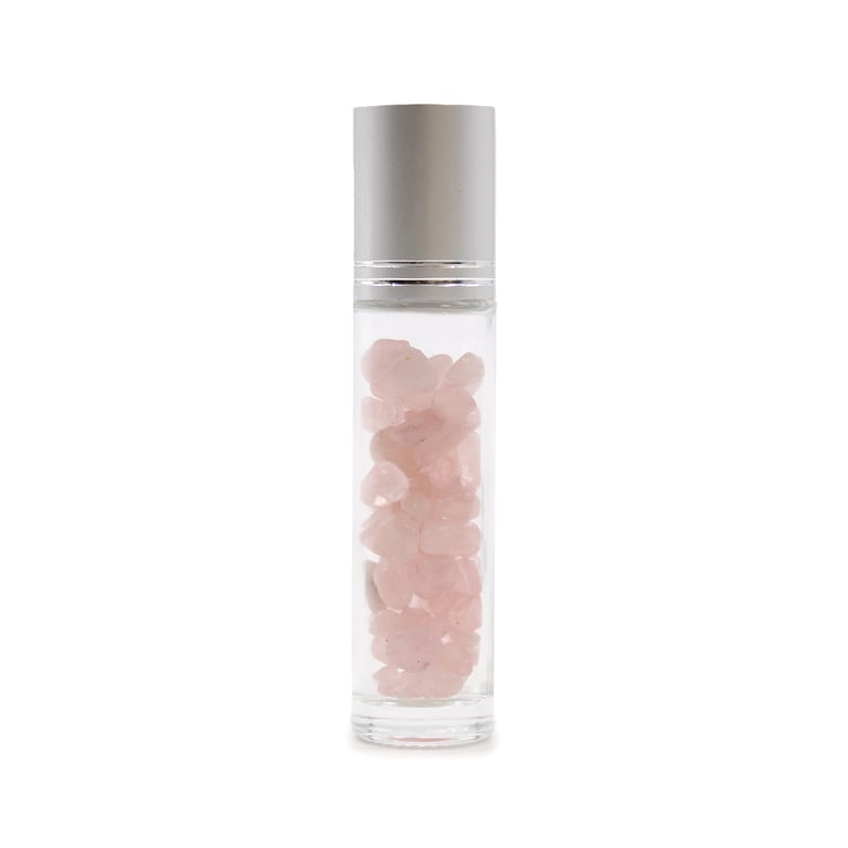 Rose Quartz Gemstone Essential Oil Roller Bottle with Silver Cap