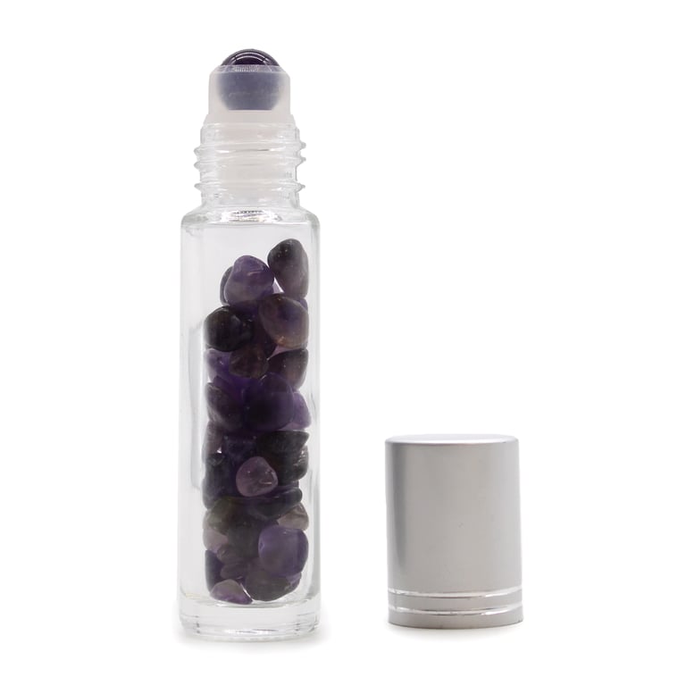 Amethyst Gemstone Essential Oil Roller Bottle - Silver Cap Aromatherapy