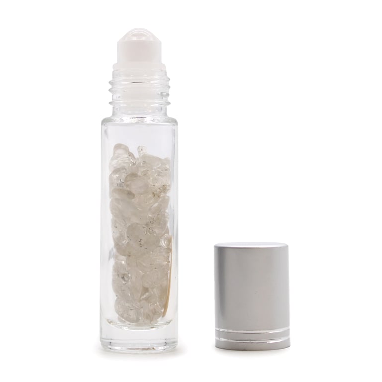 Rock Quartz Gemstone Essential Oil Roller Bottle - Silver Cap, Home Aromatherapy & Crystal Healing Oil Accessory