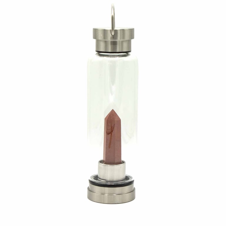 Glass Water Bottle with Crystal Infusion (Red Jasper) - Invigorating Obelisk Design
