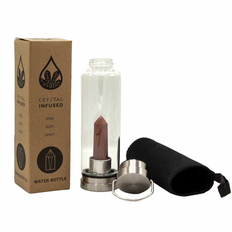 Glass Water Bottle with Crystal Infusion (Red Jasper) - Invigorating Obelisk Design