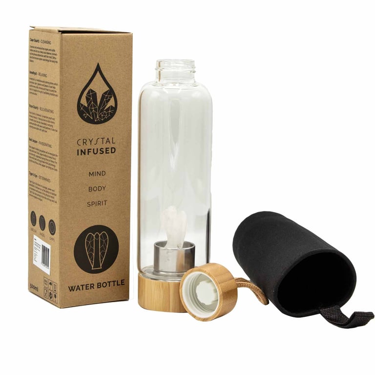 Glass Water Bottle with Crystal Infusion (Quartz) - Cleansing, Angel Collection